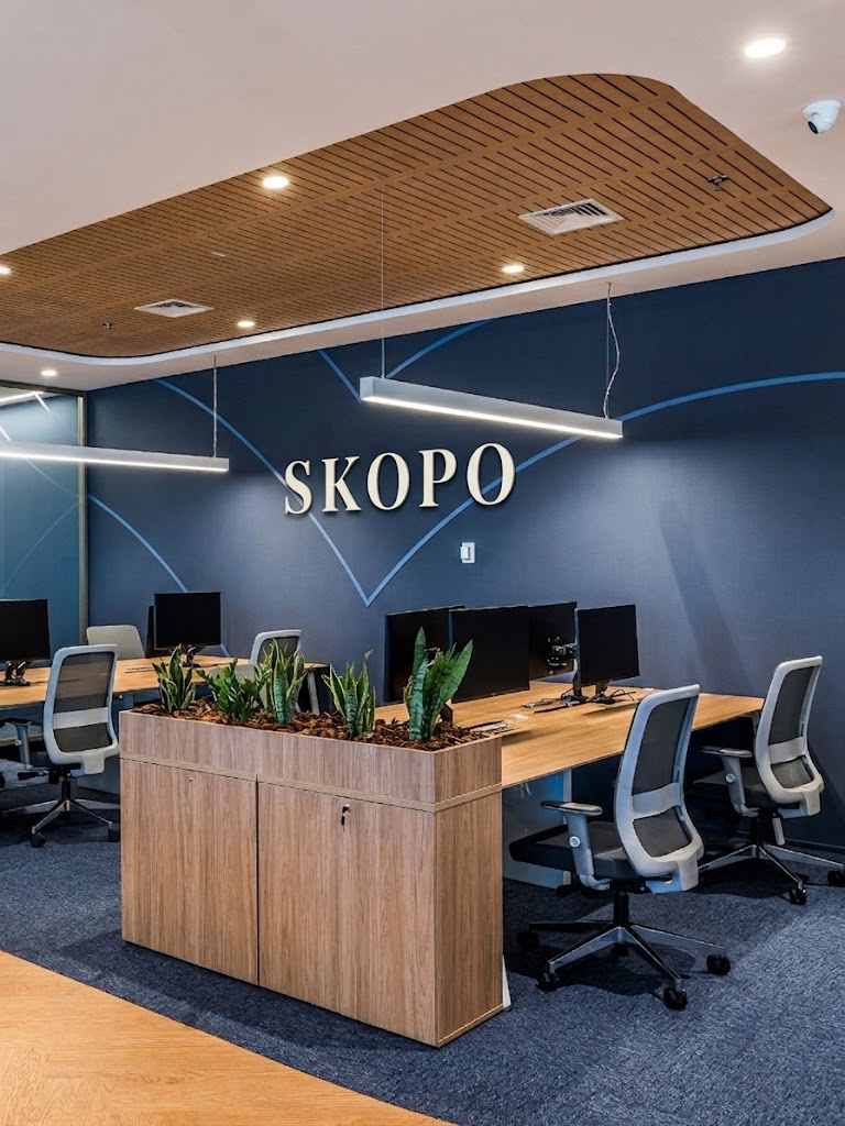 Escritório da SKOPO com identidade visual aplicada na parede